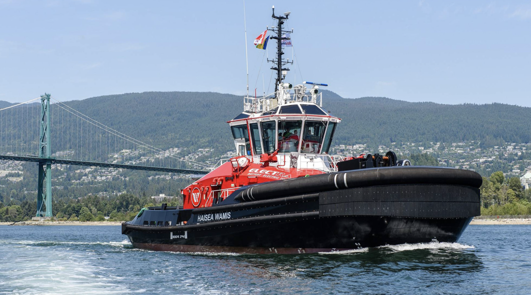 A tugboat travelling in the ocean.